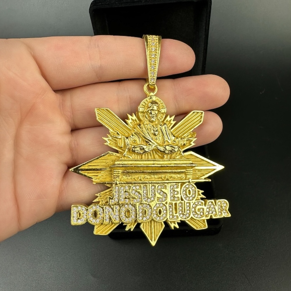 Pingente 10cm Moeda Antiga Mesa Santa Cravejado Idêntico Ouro Corrente Cordão