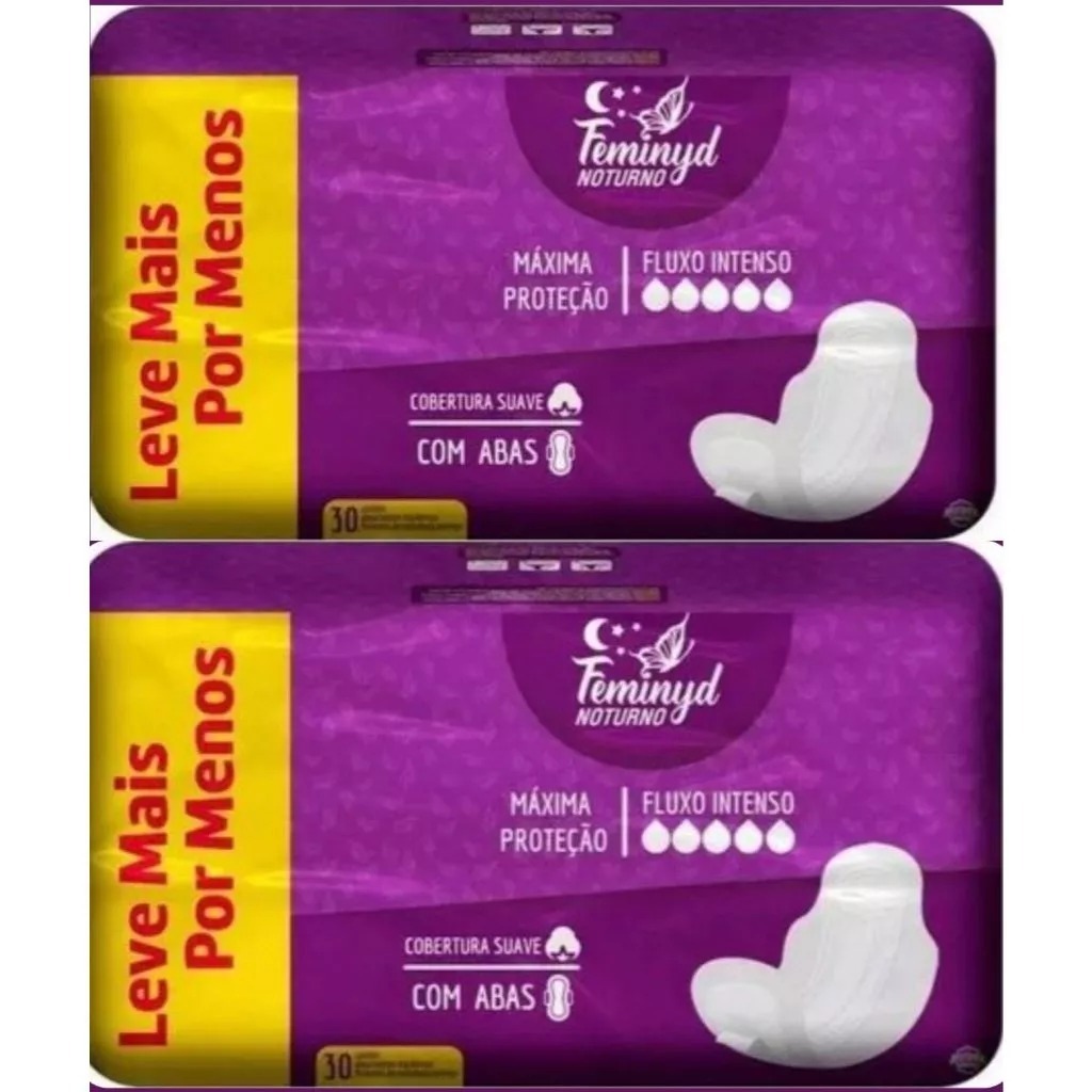 Kit com 2 pacotes Absorvente Feminyd Noturno Suave Com Abas 30 Unidades