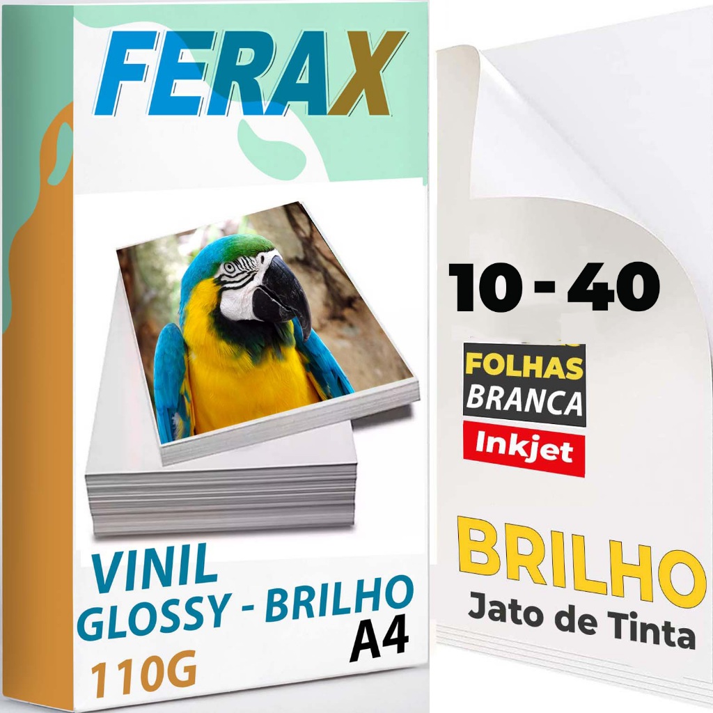 Vinil Adesivo Branco Brilho Ferax - Folhas papel vinil A4 Impressora Jato de Tinta - A Prova D'água