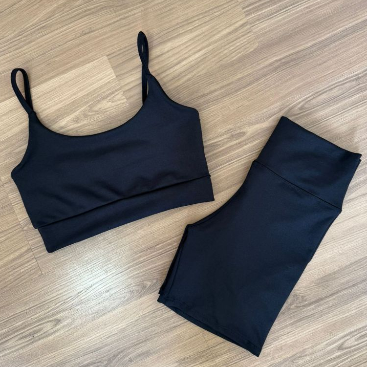 Conjunto Short e Top Fitness Feminino Academia Cintura Alta Costura Reforçada