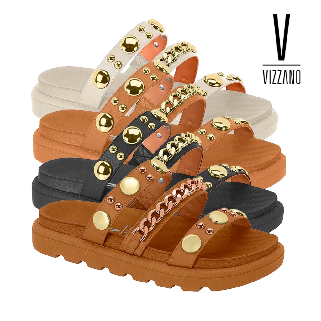 Sandália Papete Feminina Birken Vizzano Flatform Detalhes Dourado Confortável Original