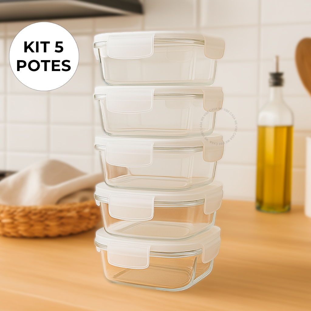 Kit 5 Pote De Vidro Hermético 520ml Quadrado
