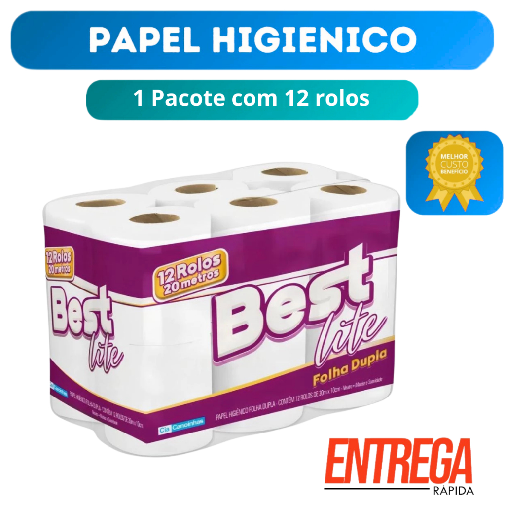 Papel Higiênico Best Lite com 12 Rolos Folha Dupla Neutro 20m Branco Suave Absorvente Banheiro Atacado Casa Papel Higiênico Best Lite com 12 Rolos Folha Dupla Neutro 20m Branco Suave Absorvente Banheiro Atacado Casa