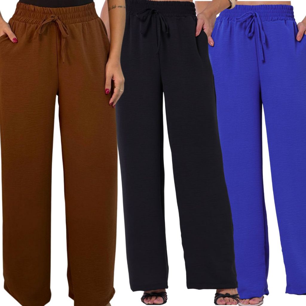 Kit Calça Pantalona Feminina Tecido Duna Elastico Cós Largo Elegante Com Bolso Crepe Duna
