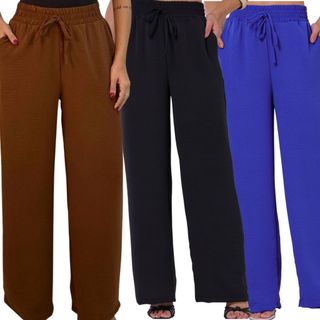 Kit Calça Pantalona Feminina Tecido Duna Elastico Cós Largo Elegante Com Bolso Crepe Duna