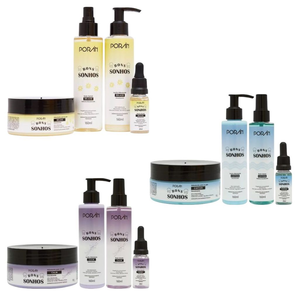 Kit 4pçs Completo Porán Bons Sonhos - Hidratante para os Pés, Loção Hidratante, Body Splash e Sérum Facial - Escolha o S