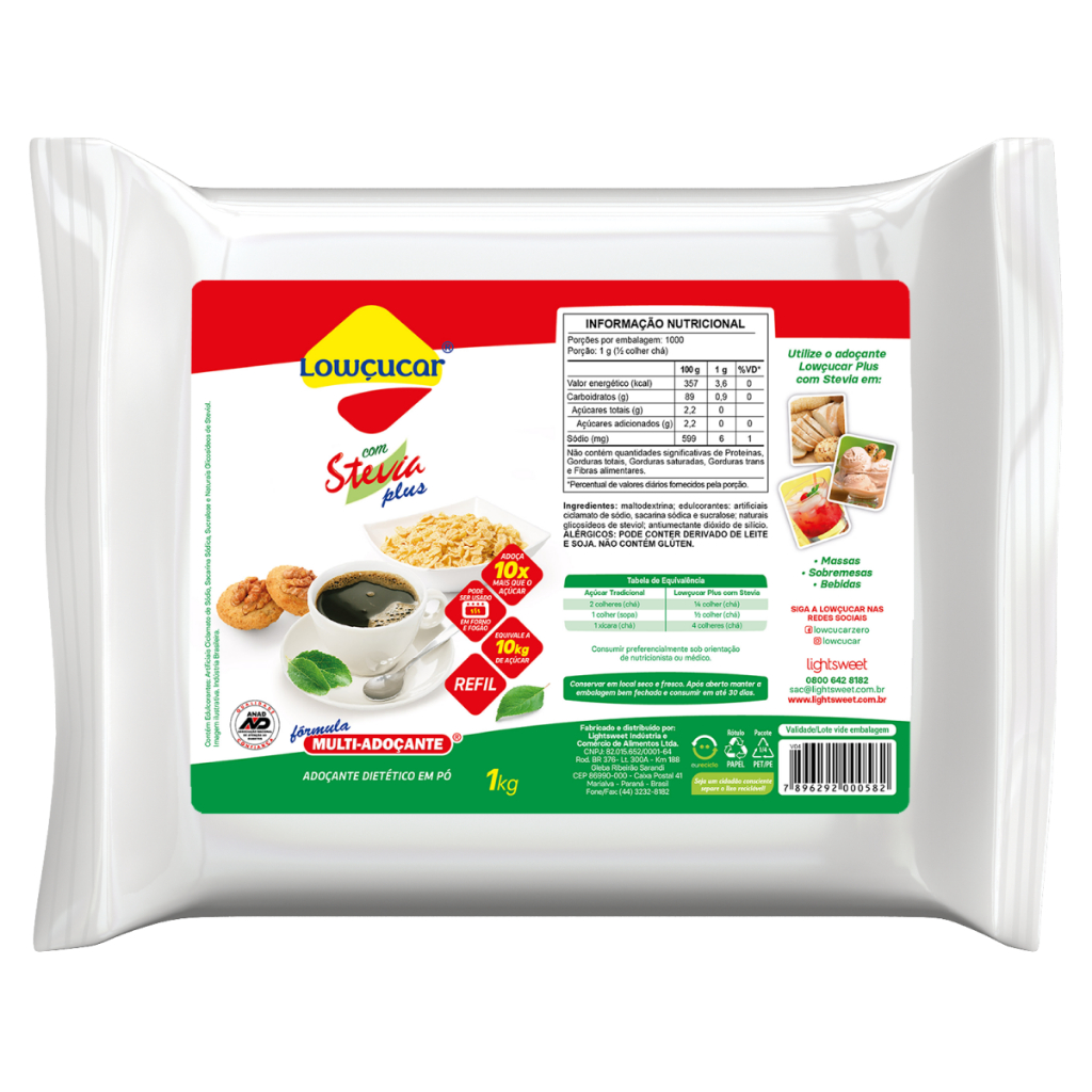 Adocante Lowcucar Plus Com Stevia Em Po Refil 1kg