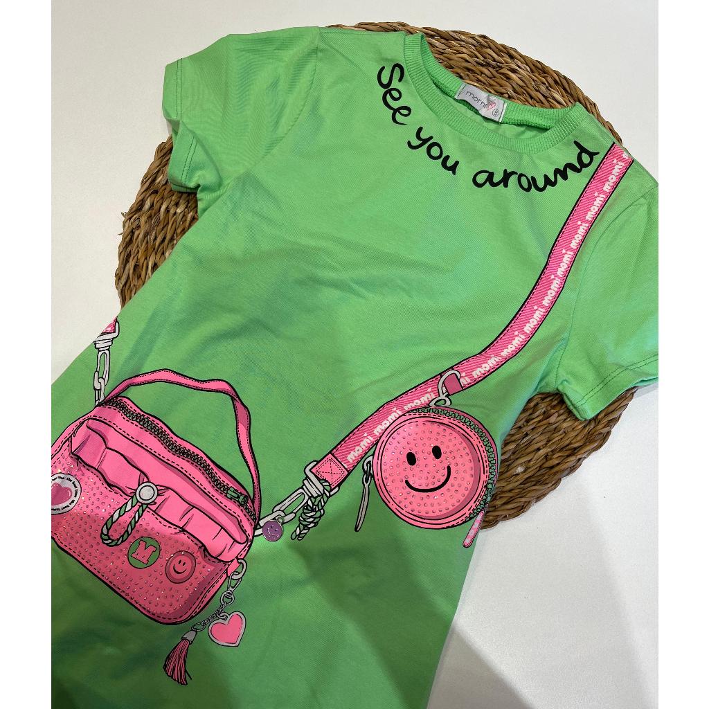 Vestido Infantil Momi Verde Estampa Bolsa Tons De Rosa Abertura Costas Aplicação Strass | Tamanhos: 6 e 8