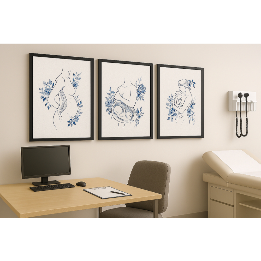 Trio de Quadros Decorativos Obstetrícia A Jornada da Maternidade Arte Floral para Consultório Médico