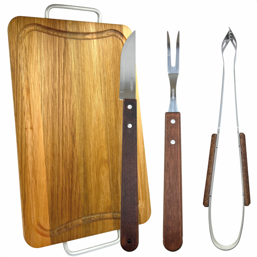 Kit Churrasco Tábua Eucalipto + Faqueiro Cabo Longo Madeira Faca Pegador Garfo
