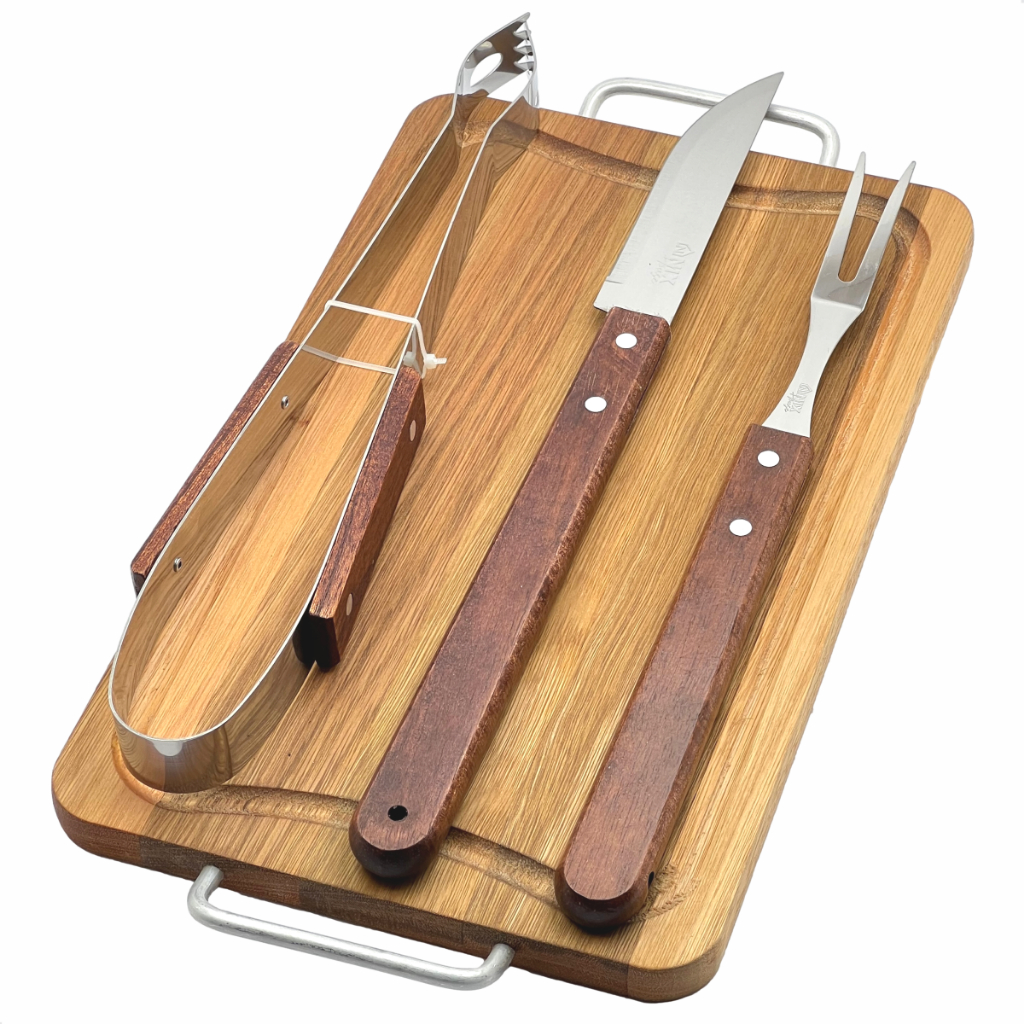 Kit Churrasqueiro Tábua de Madeira Coletor Lateral + Faca Garfo Pegador Lamina Aço Inox Cabo Madeira