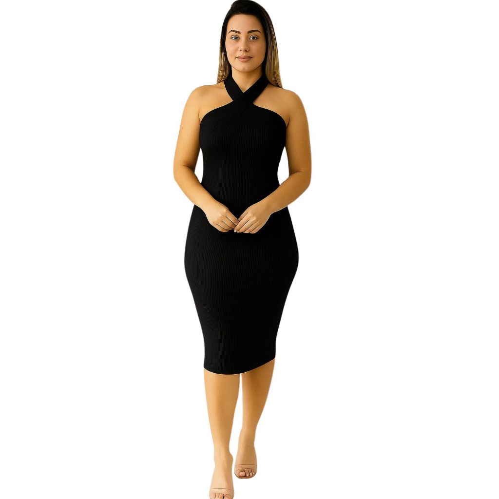 Vestido Midi Feminino Tubinho Gola Transpassada Moda Verão