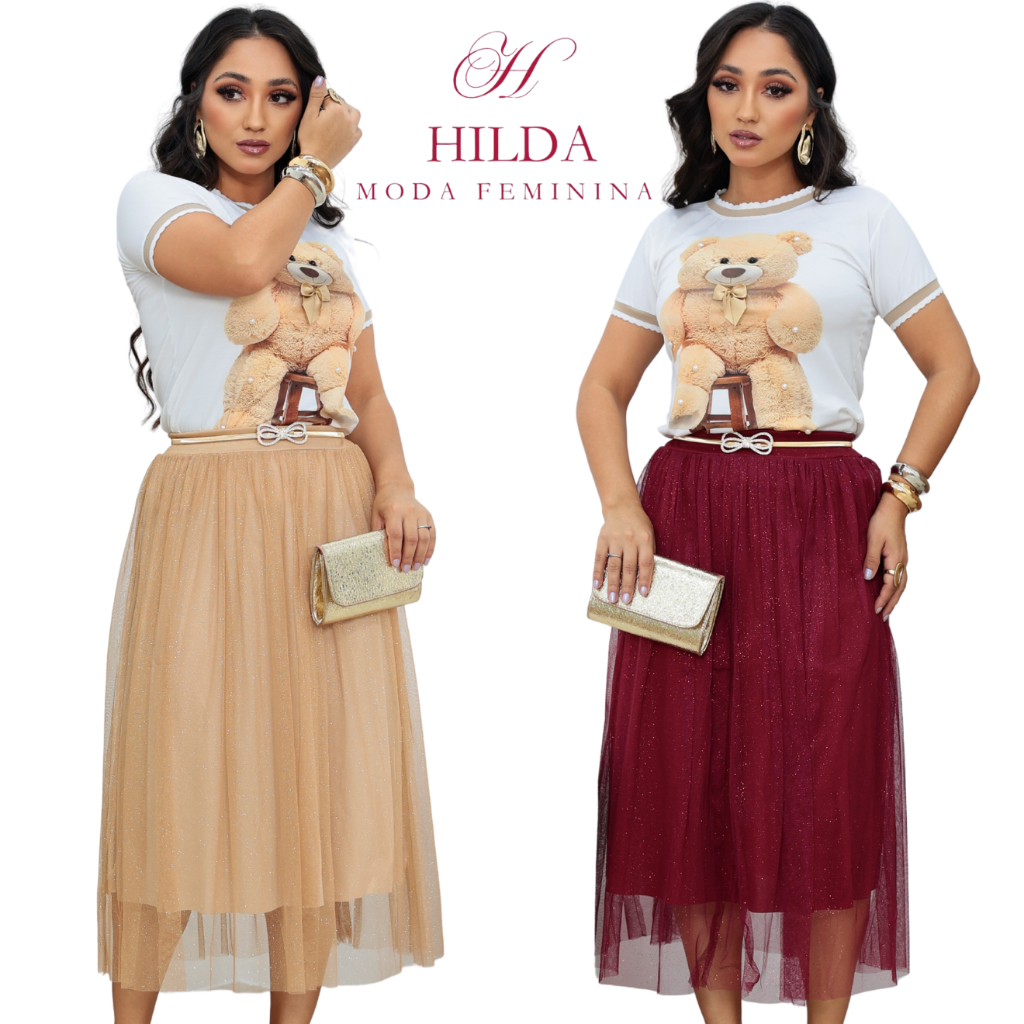 Saia Tule de Brilho Glitter forrada Lisa Moda evangélica Fardamento Festividade Congresso