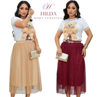 Saia Tule Cristal Midi de Brilho Glitter forrada Lisa Moda evangélica Fardamento Festividade Congresso
