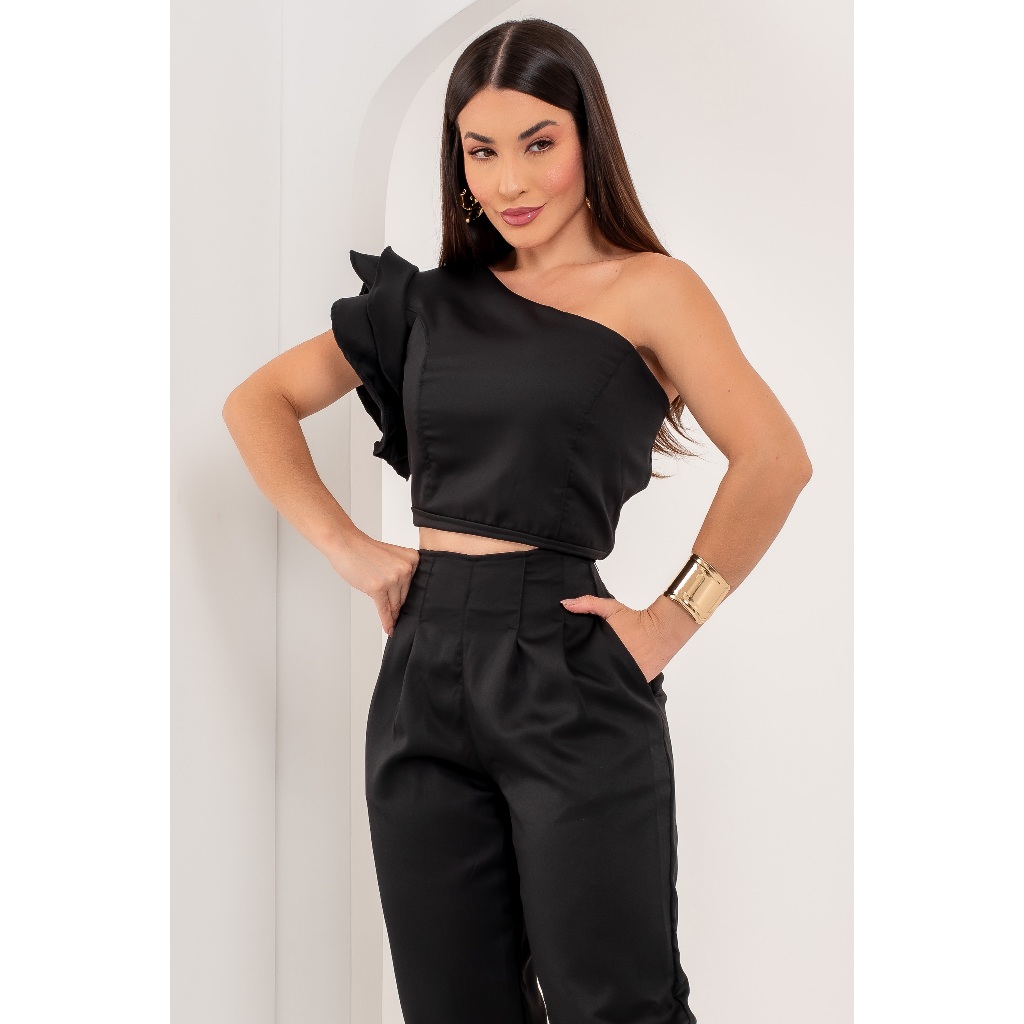 Conjunto feminino de Calça e cropped alfaiataria em Oferta na Shopee