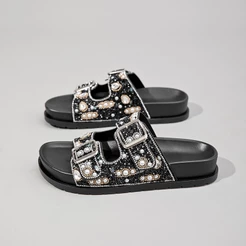 Papete feminina Pérolas de strass de luxo sandália diferente feminina com fivela