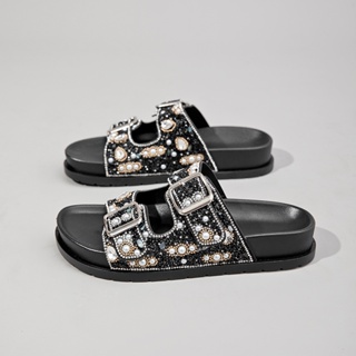 Papete feminina Pérolas de strass de luxo sandália diferente feminina com fivela em Oferta na Shopee