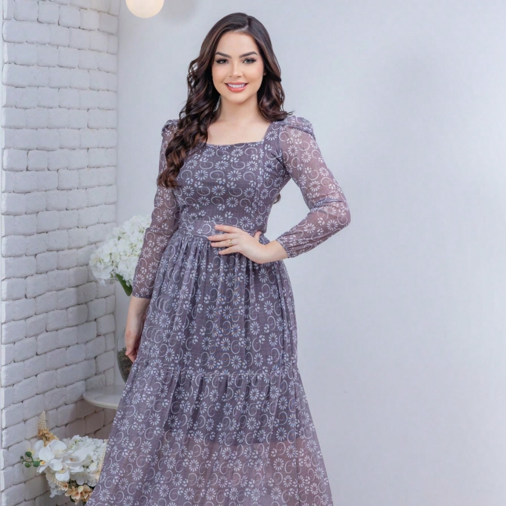 Vestido Feminino Moda Evangélica Estampado Floral Com Tule Forrado Elegante Casual Delicado