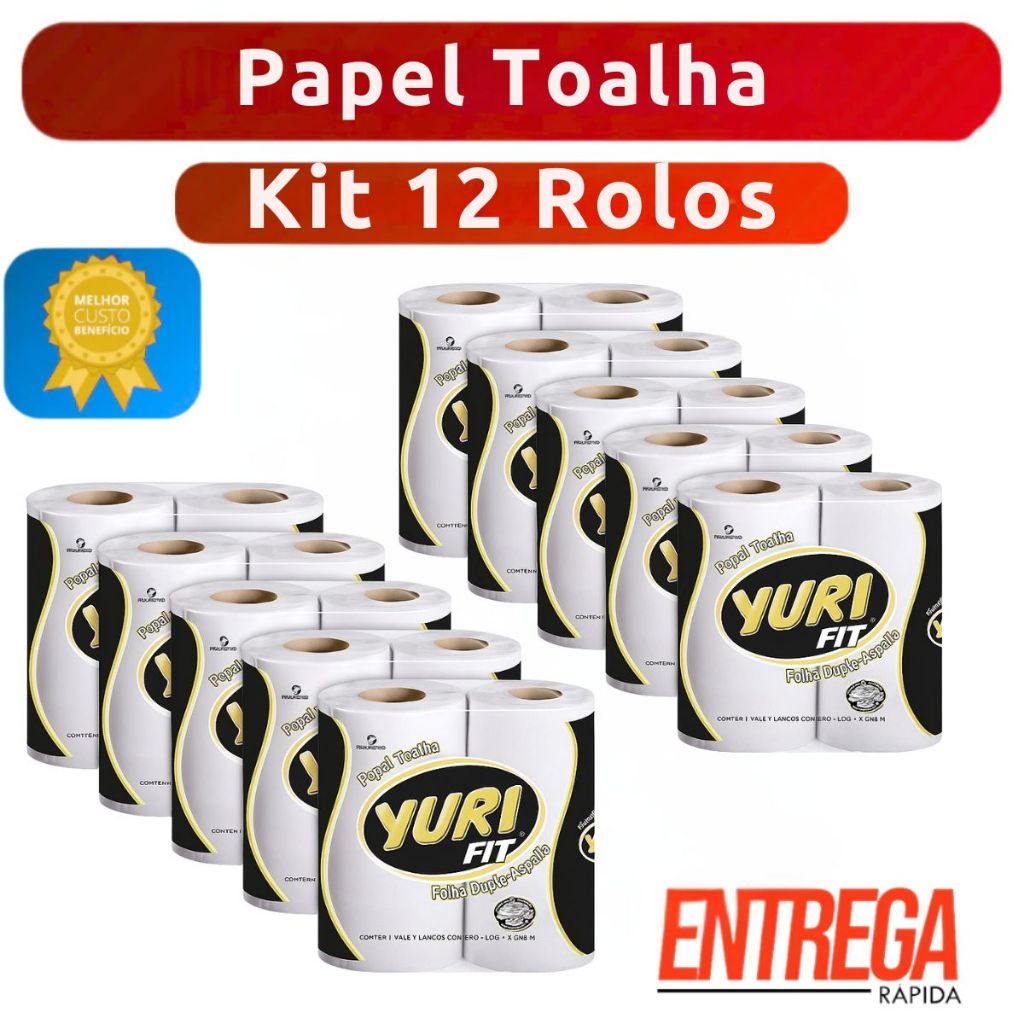 Kit com 12 Rolos de Papel Toalha Branco Yuri Fit para Cozinha Alta Absorção, Resistência