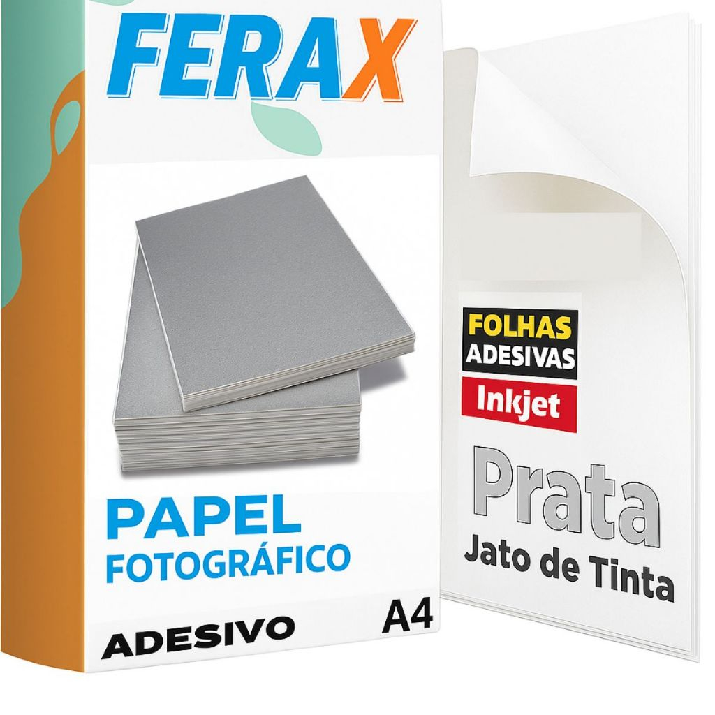 Papel Fotográfico Adesivo Prata Ferax - Folhas papel fotográfico A4 Impressora Jato de Tinta
