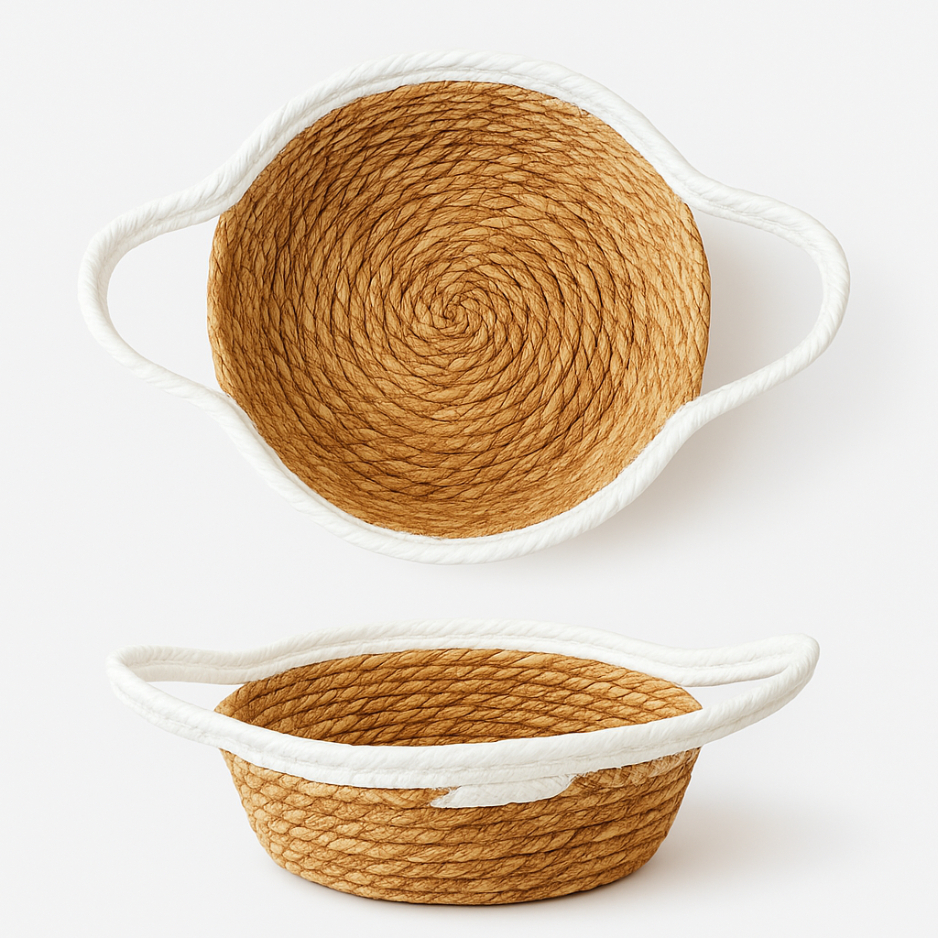 Cesto de Palha Natural com Alça Farmhouse Boho Chic Centro de Mesa Cachepot Organizador Utilidades