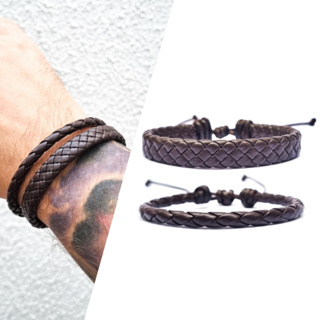 Kit 2 Pulseiras Masculinas Couro Ajustável Marrom ou Preta em Oferta na Shopee