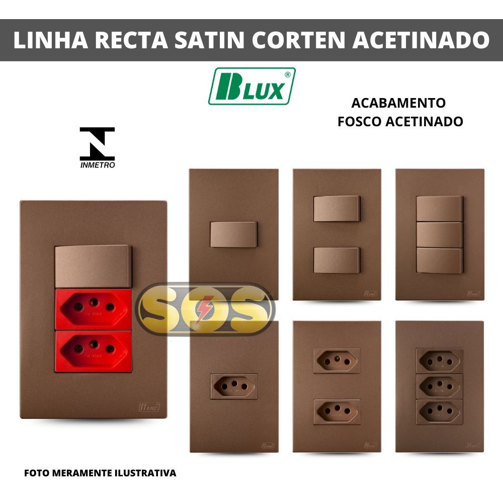 CONJUNTOS 4X2 RECTA SATIN CORTEN BLUX TOMADAS 10A, 20A,  INTERRUPTORES, Rj45 OU Rj11 em Oferta na Shopee
