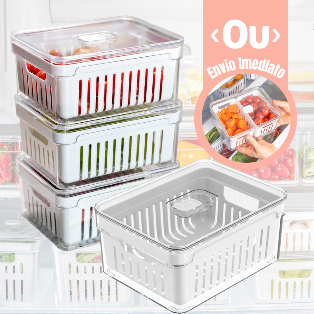 Kit Pote Organizador de Geladeira Com Escorredor Cesto Tampa Multiuso Alimentos Verdura Vegetais OU