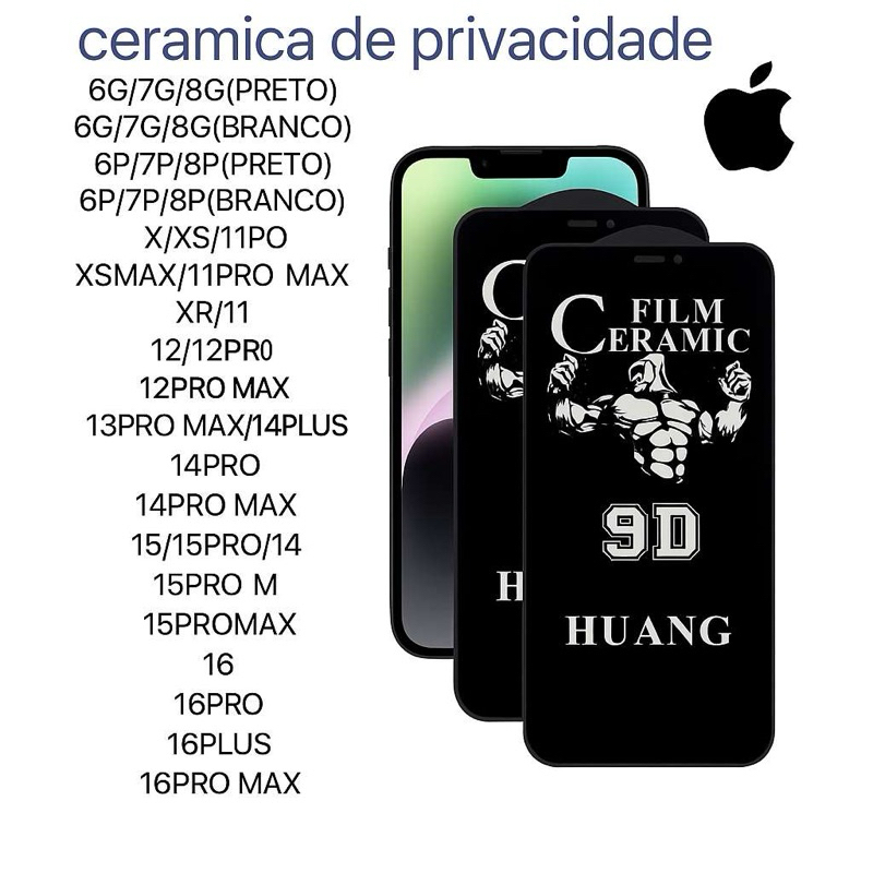 Película 9D Ceramica Privacidade Anti Spy para Iphone 17 11 12 13 14 15 16 Pro Max Plus 16E 6 7 8 x xs xr 16E 17E Air