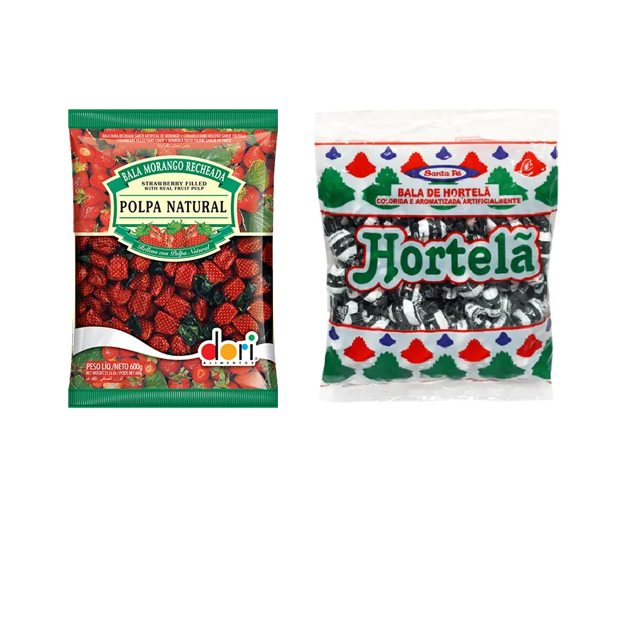 Kit Bala Polpa de Morango 600g Dori + Bala Hortelã Santa Fé