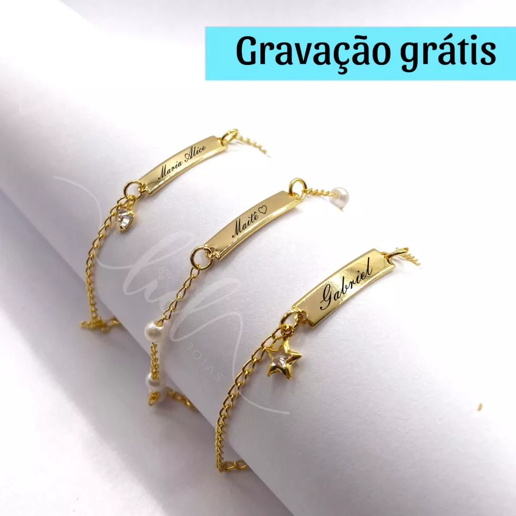 Pulseira Infantil Com Pingente Bebê RN Personalizada Com Gravação Nome Banhada a Ouro 18k