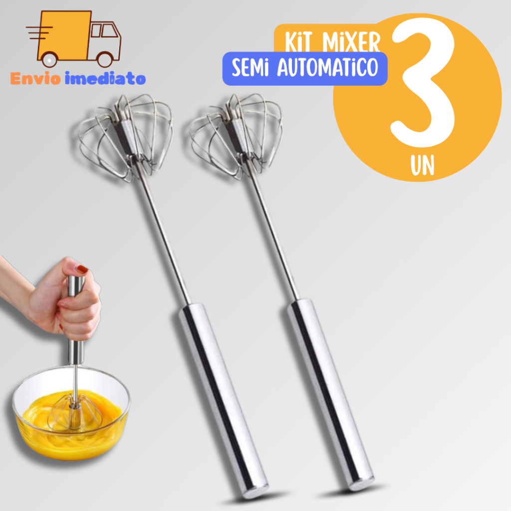Kit 3 Batedor De Ovos Clara Neve Fouet Misturador Mixer SemiAutomático Manual Giratório Profissional