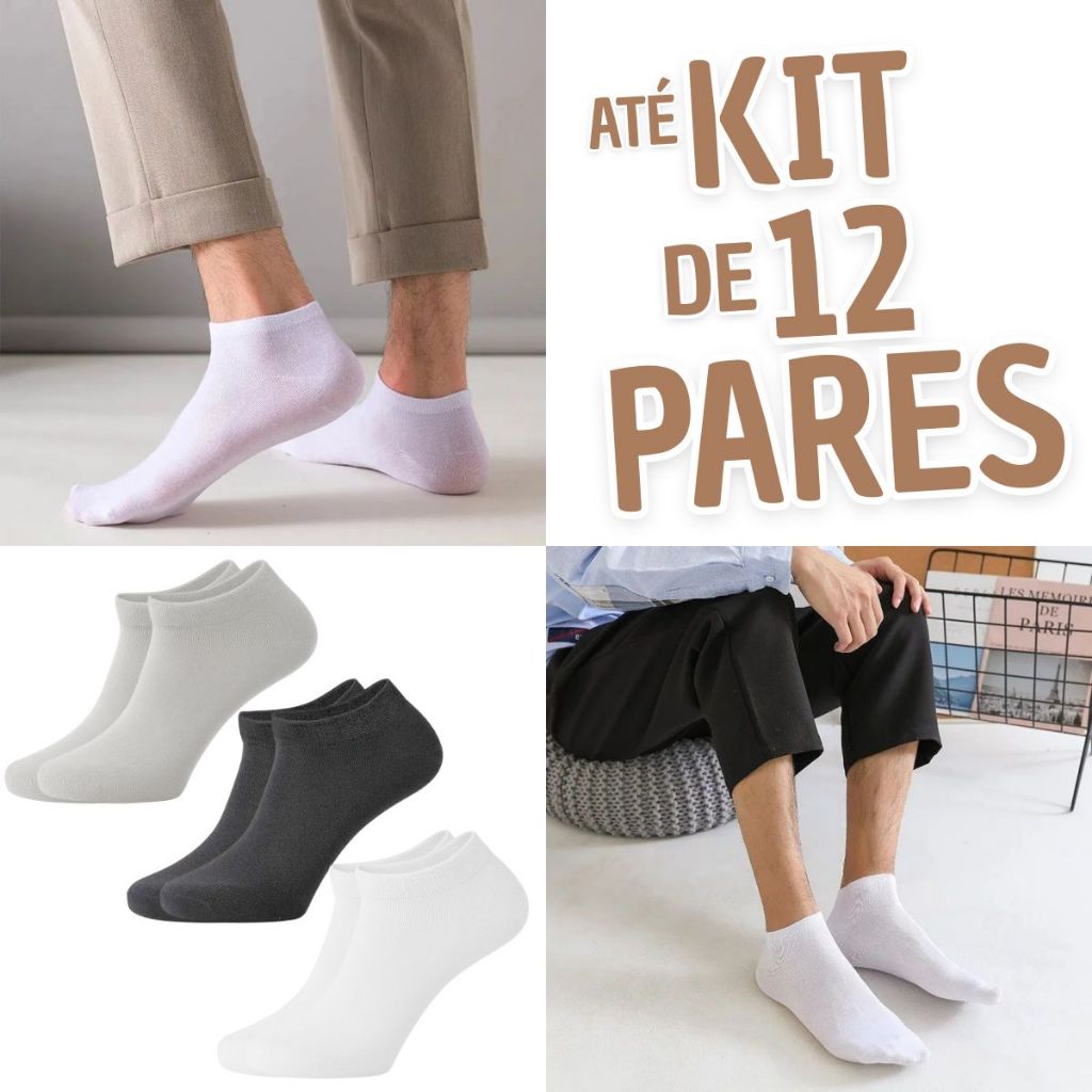 Kit 12 / 6 / 3 Pares de Meias Cano Curto Soquete Lisas Unisex em Poliester e Algodão Tamanho 34-38 Cores
