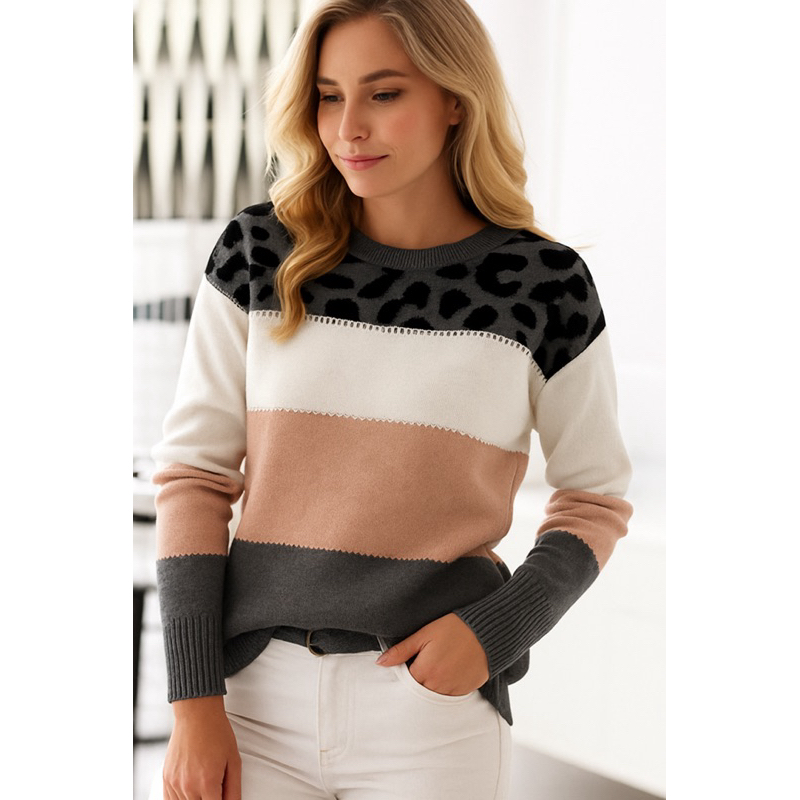 Blusa Sueter Feminina Tricô Manga Longa Detalhe Onça