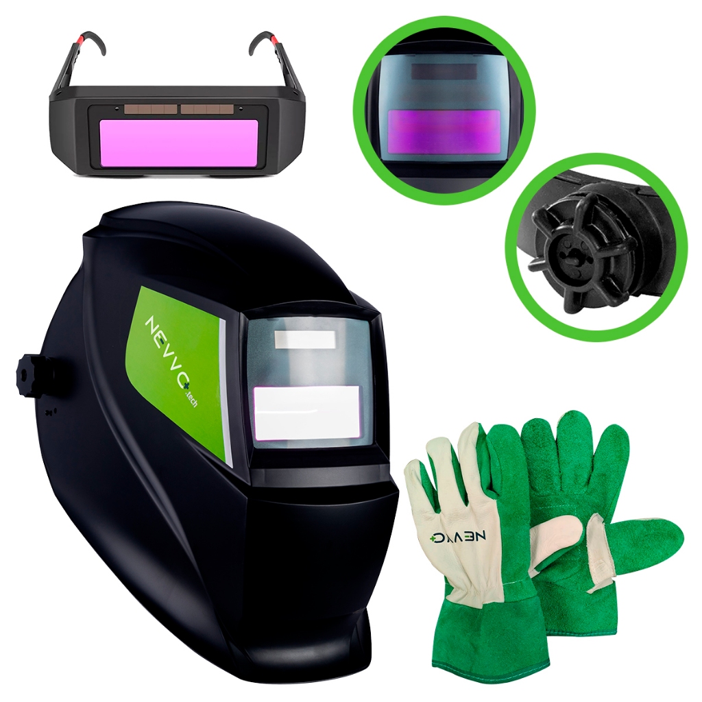 Kit Máscara de Solda Automática MSN1200 + Luva de Raspa Multiuso NEVVO + Óculos de Solda Automático