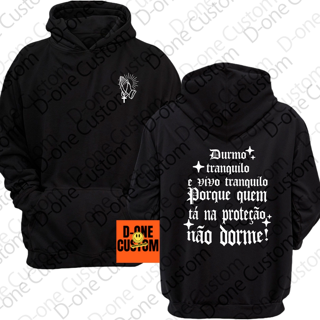 Moletom Blusa de Frio Religião Durmo Tranquilo Estampado Com Capuz Terço Cristão Deus Igreja Versículo