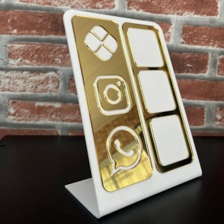 Placa QR 3 em 1 Code Pix Instagram whats Branco Dourado Mesa Balção Loja