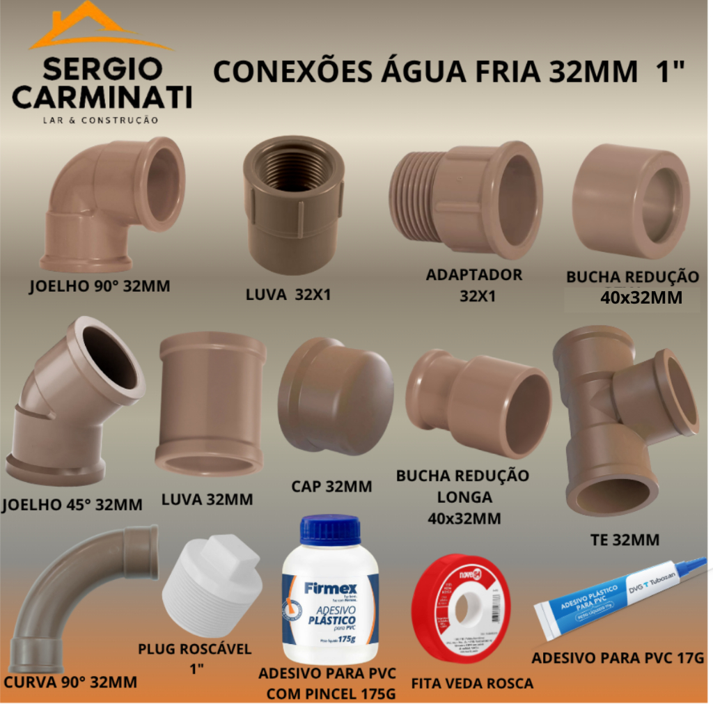Conexões Tubo PVC 32MM Marrom Água Joelho 45° e 90°,Curva,Te,Luva,Adaptador,Luva LR,Bucha de Redução