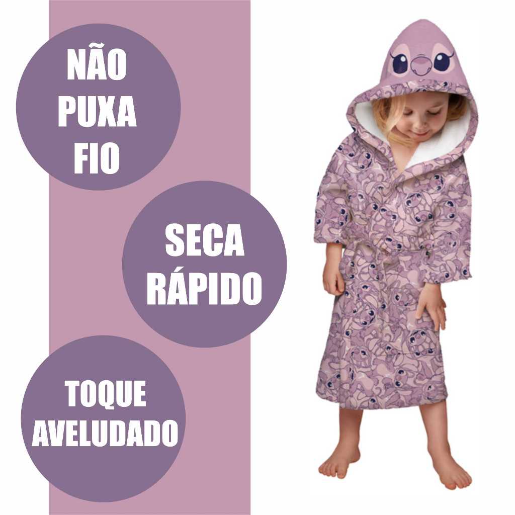Roupão Infantil Stitch e Angel Disney Lepper Banho e Piscina Com Capuz