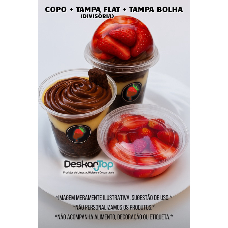 Kit Copo Bolha + Tampa Flat Divisória 300ml Festas Copo da Felicidade Algodão Doce Pipoca Gourmet