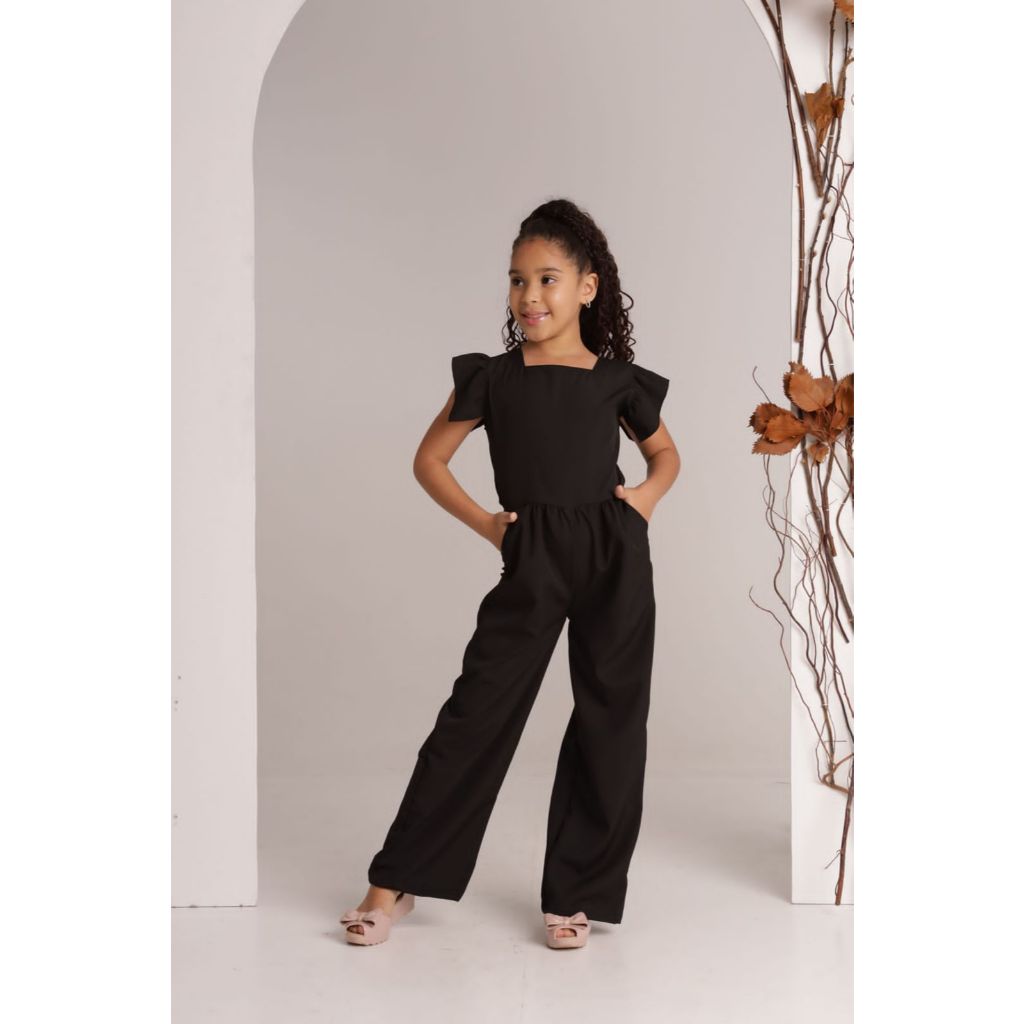 Macacão longo liso infantil e juvenil estiloso com bolso