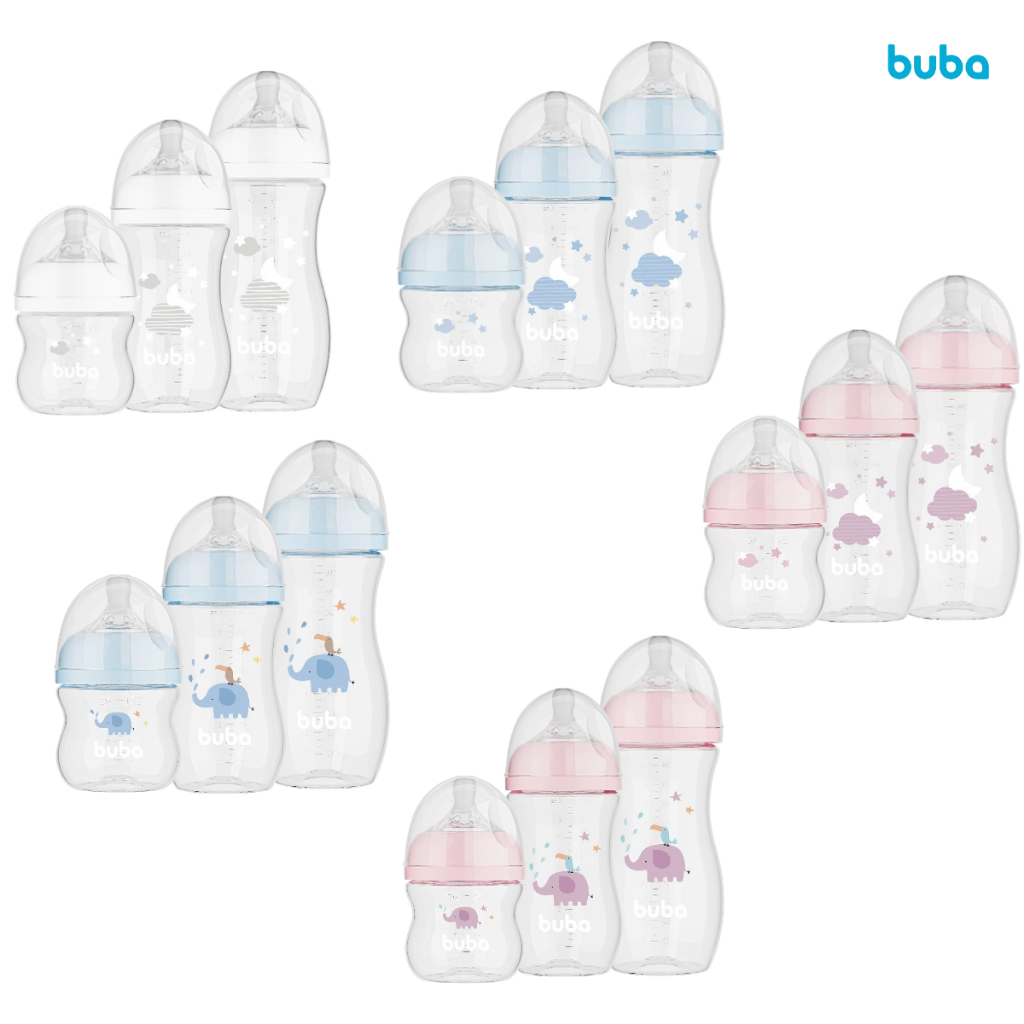 Kit 3 Mamadeiras Easy Flow Buba Récem Nascido 120/270/330 mL Nuvem Bico Confortável e Sedoso
