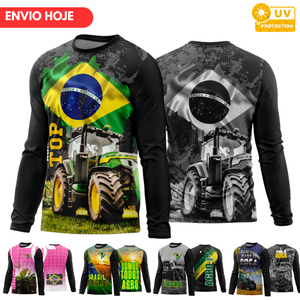 Camiseta Camisa do Agro Brasil UV Agropecuária Bruto Blusa Proteção Pesca UV50+ Segunda Pele - Tecido Confortável
