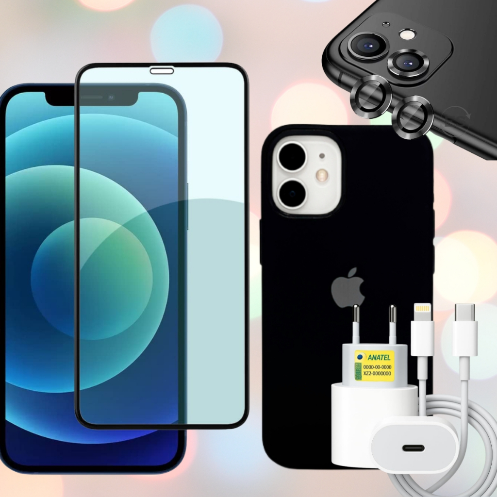 Kit Completo Proteção Iphone 11 / 12 / 13 Capinha Carregador Película 3D da Tela Película de Camera