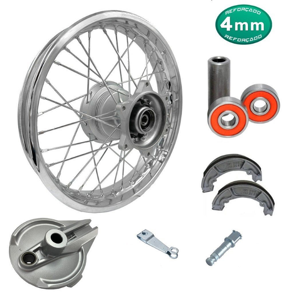Roda Traseira Raio 4mm Bros 125/150/160 Tambor Espelho/Rolamento e Lona/Espaçador/Eixo Patim/Braço