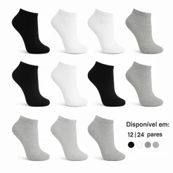 Kit 12 ou 24 Pares Meias Soquete Cano Curto Masculina Unissex Preto Branco Cinza