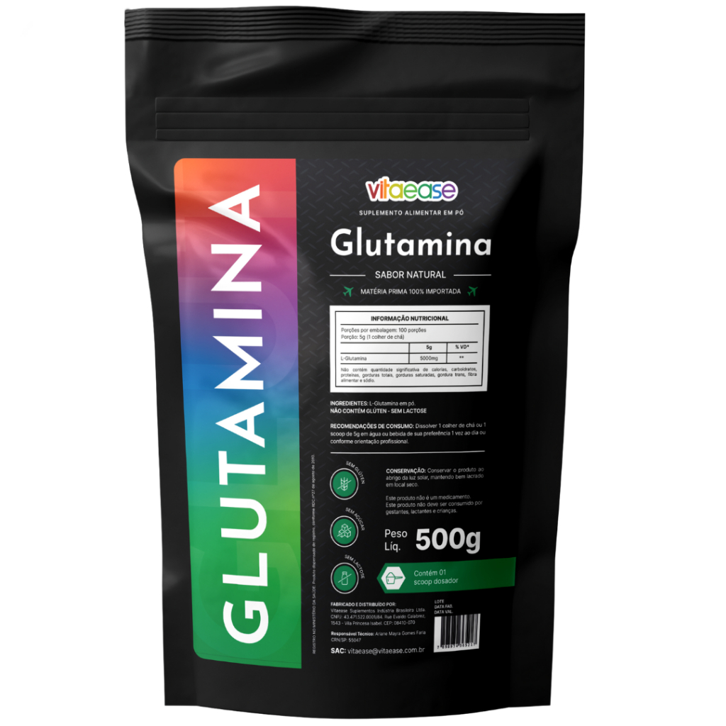 Glutamina 500 g Vitaease | Suplemento Alimentar em Pó | Uso Adulto