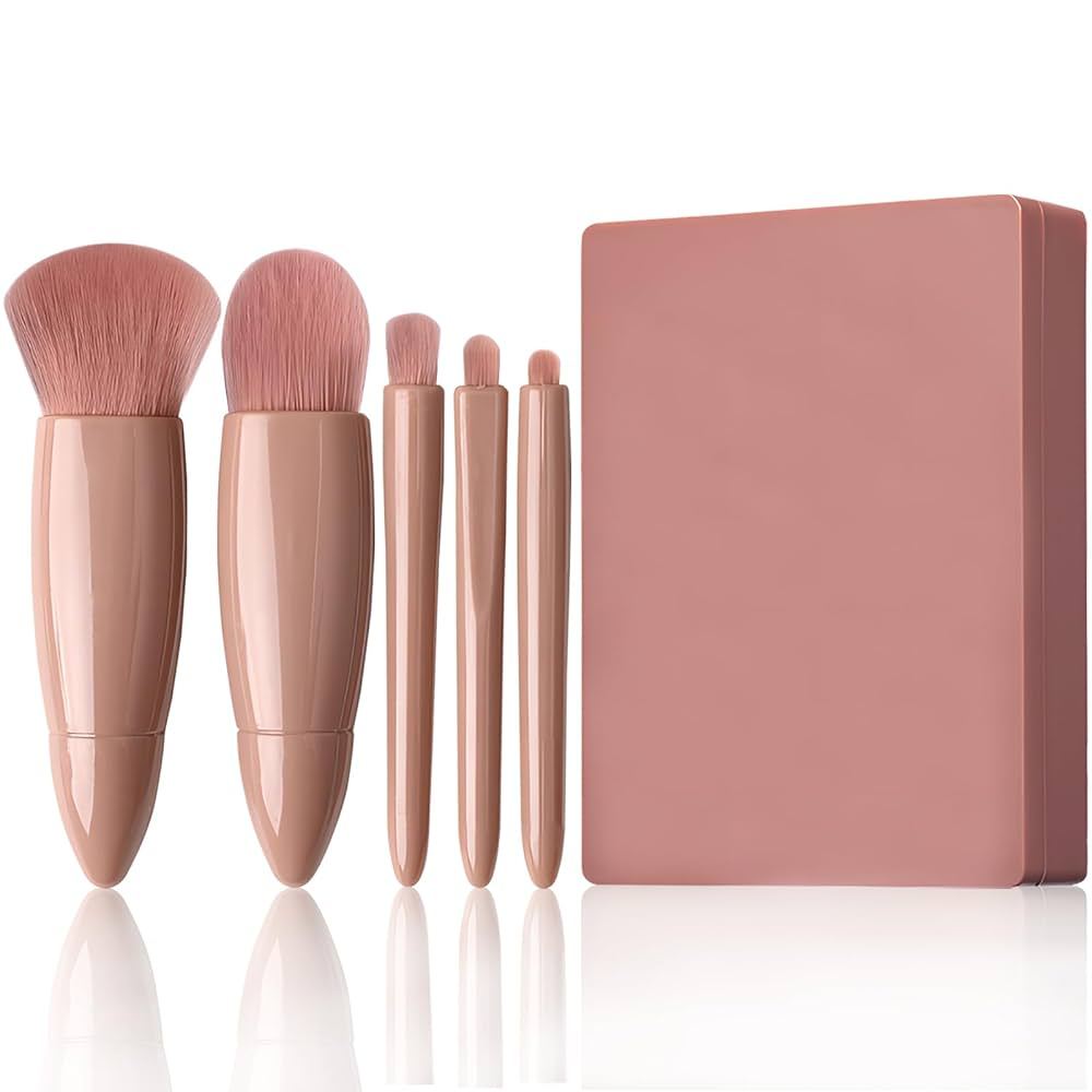 Kit Portátil com 5 Pincéis de Maquiagem Com Espelho Estojo Compacto Viagem Bolsa Contorno Kabuki