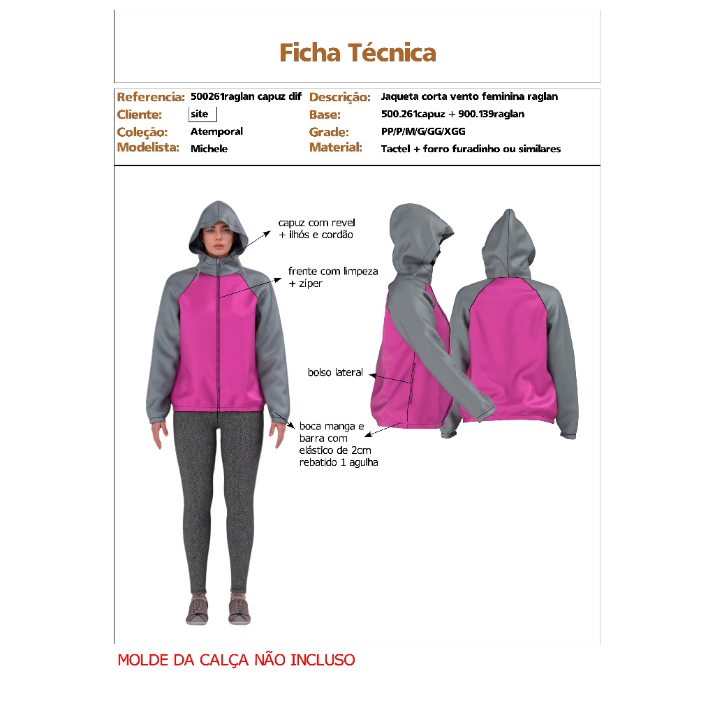 Molde / Modelagem Jaqueta, Corta vento, Colete, Moletom Feminino IMPRESSO TAMANHO REAL E SEPARADOS
