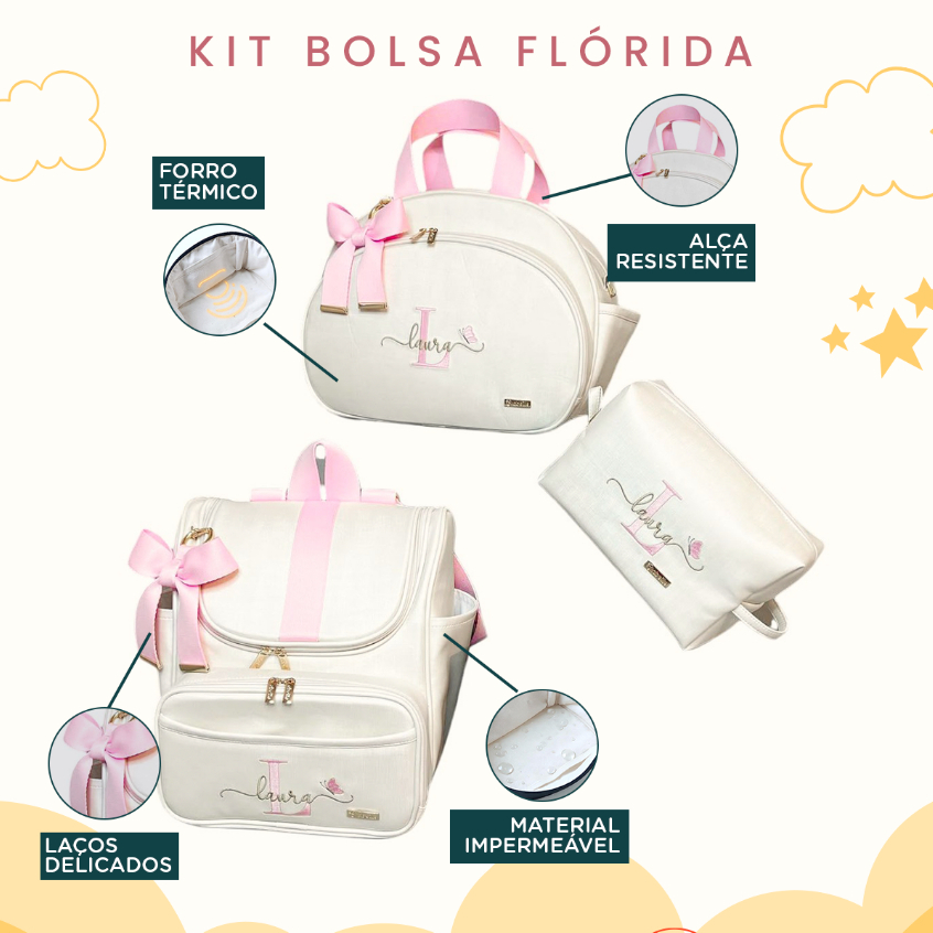 Kit Maternidade 3 Peças Personalizado Térmica Impermeável, Coleção Flórida